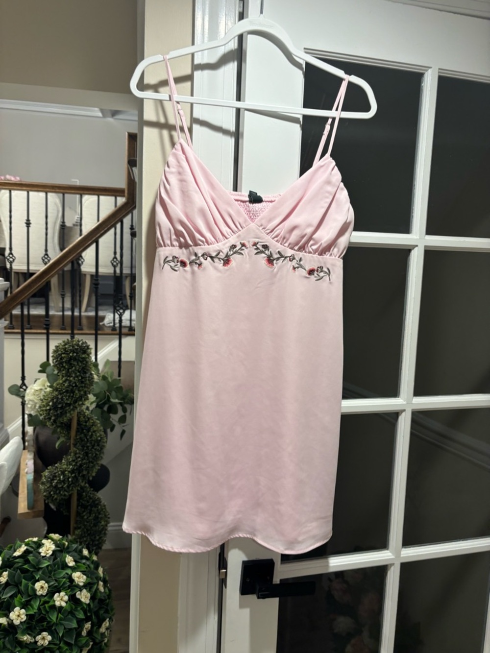 Women's Pink Spaghetti Strap Slip Dress with Floral Embroidery - NWT Size Large